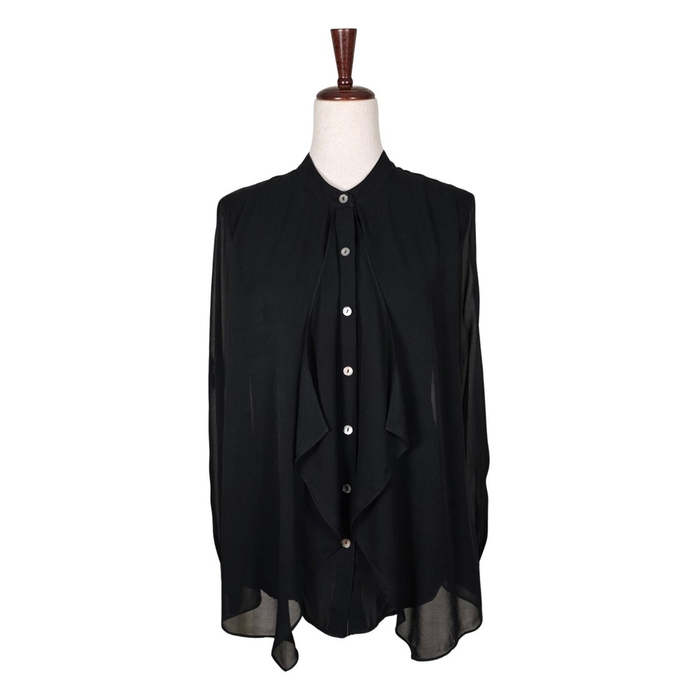 St. John Blouse Women's 8 Black 100% Silk Sheer Button Front Long Sleeve
